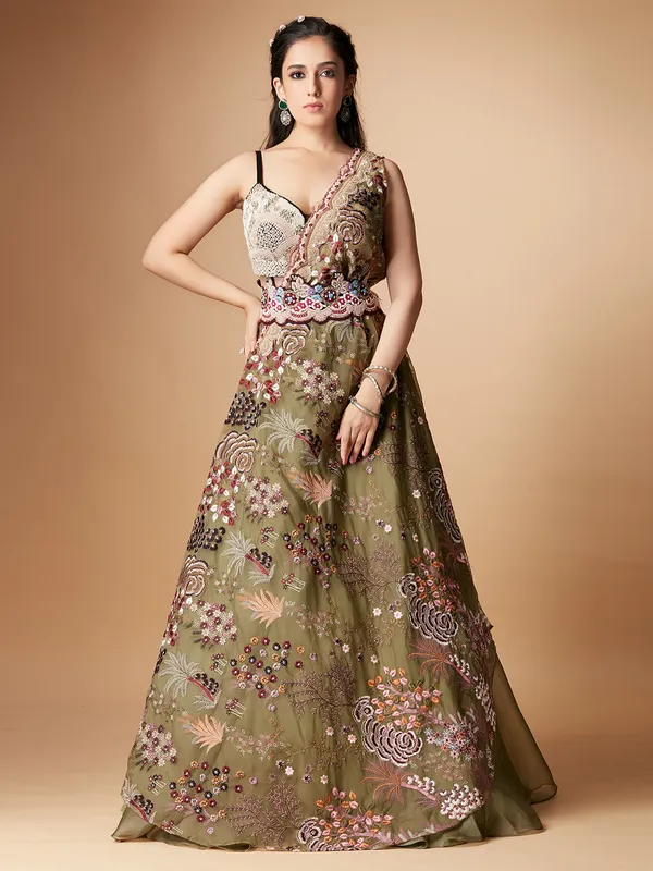 Stylish olive organza lehenga choli