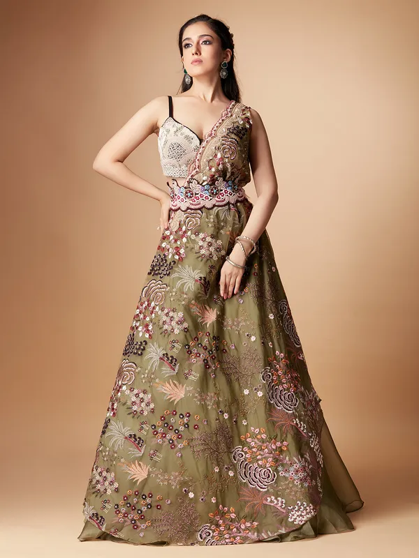 Stylish olive organza lehenga choli