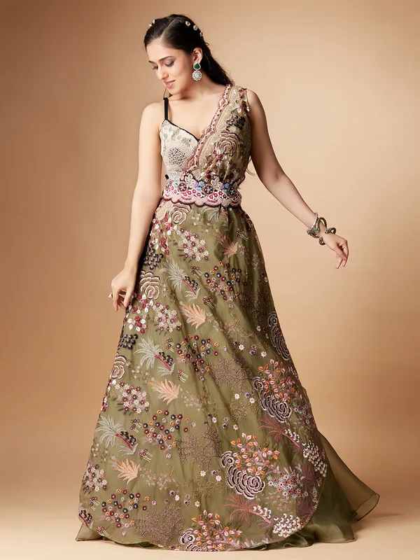 Stylish olive organza lehenga choli