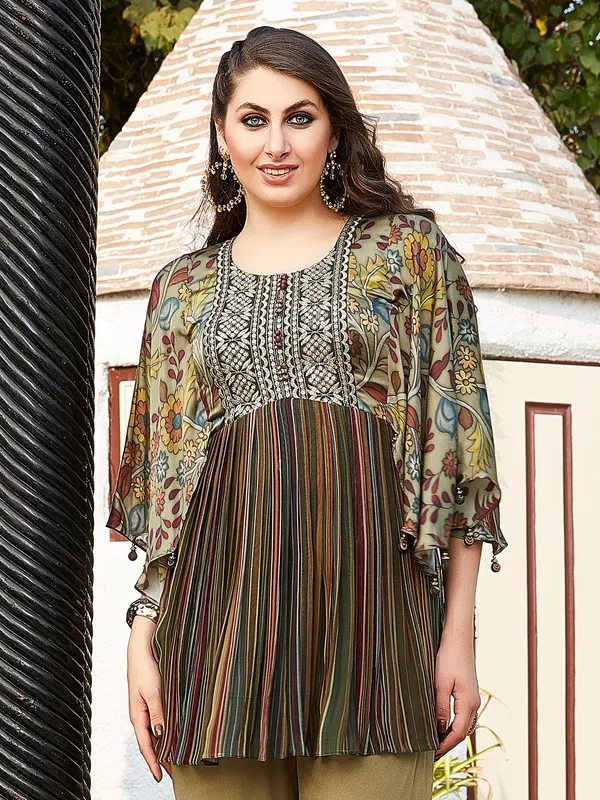Stylish olive printed georgette palazzo suit