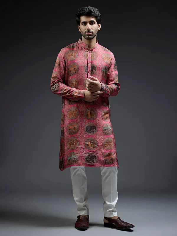 Stylish pink ajarakh printed silk kurta suit