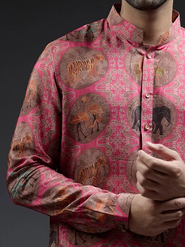 Stylish pink ajarakh printed silk kurta suit