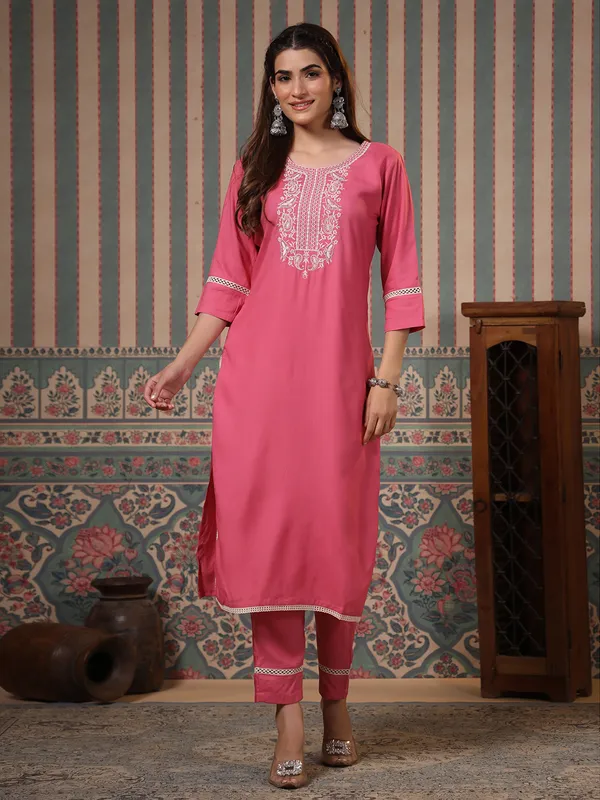 Stylish pink cotton embroidery kurti set