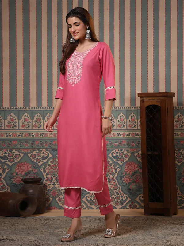 Stylish pink cotton embroidery kurti set