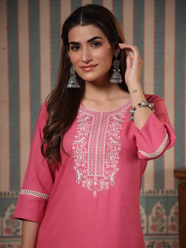 Stylish pink cotton embroidery kurti set