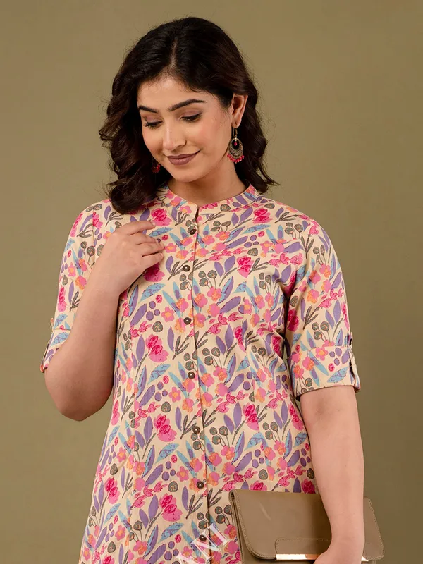 Stylish pink cotton floral printed kurti