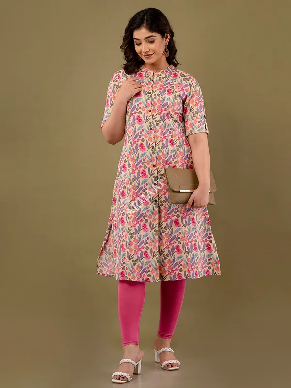 Stylish pink cotton floral printed kurti
