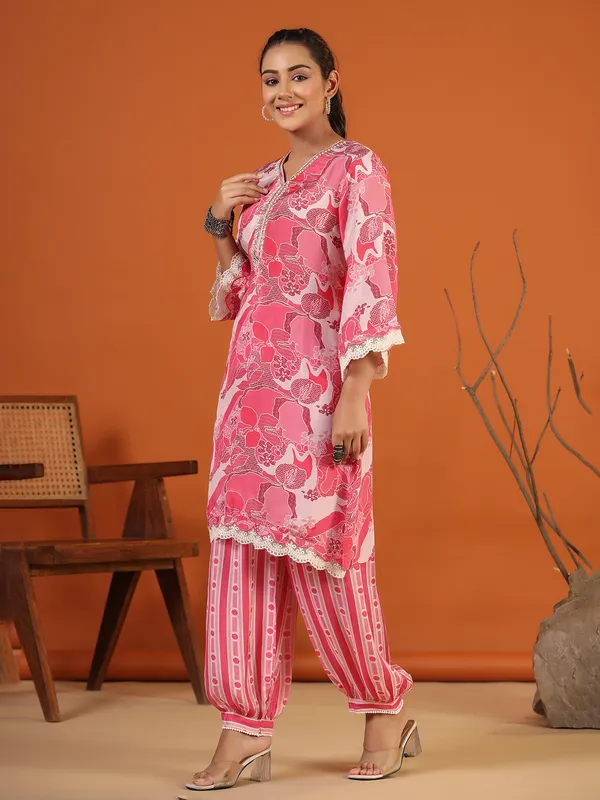 Stylish pink silk printed co ord set