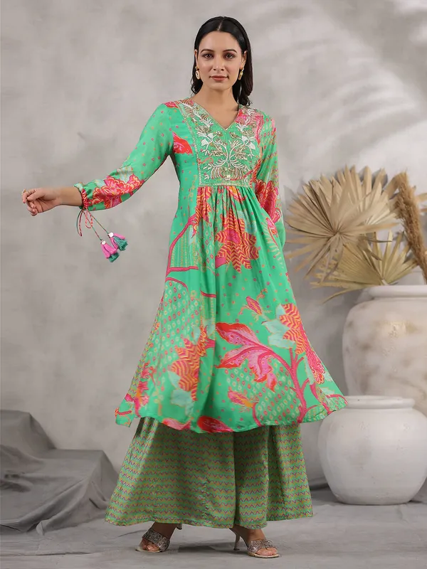 Stylish pista green silk printed palazzo set