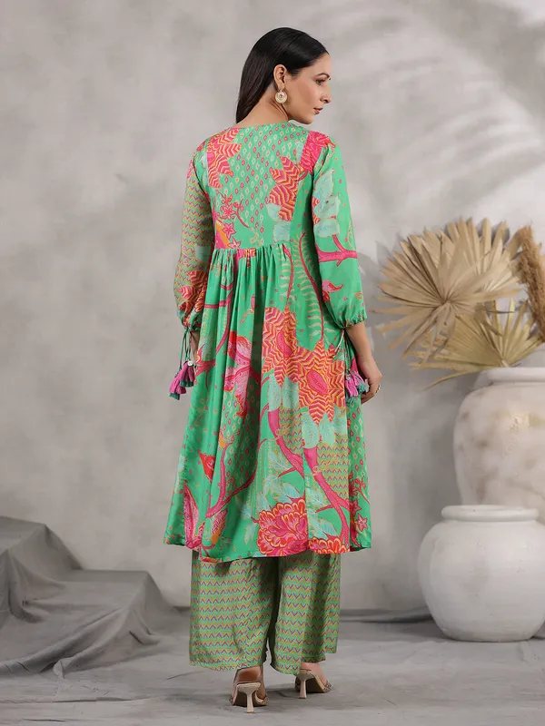 Stylish pista green silk printed palazzo set