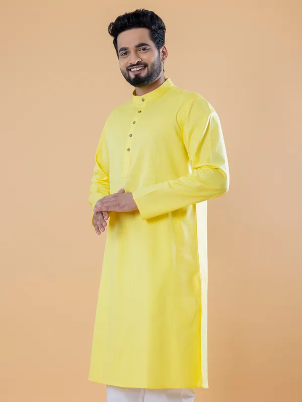 Stylish plain cotton kurta suit in yellow