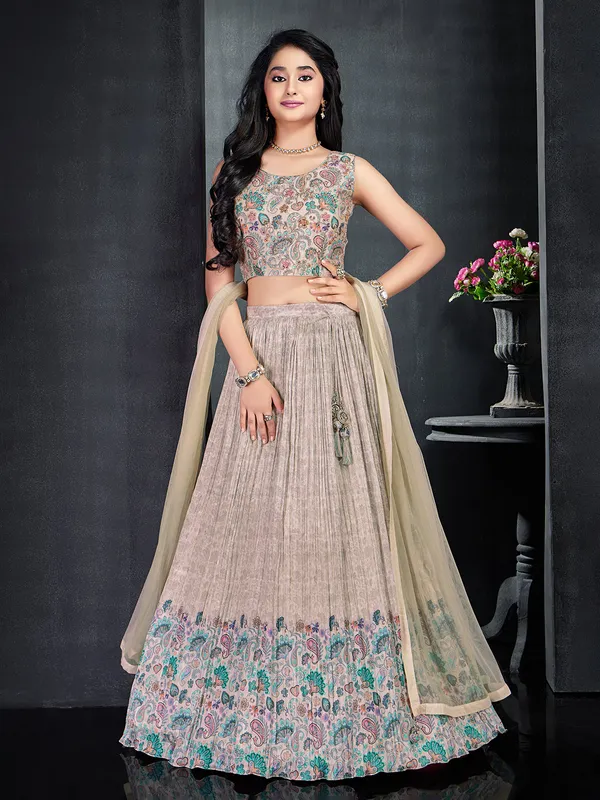 Stylish printed cream silk lehenga choli