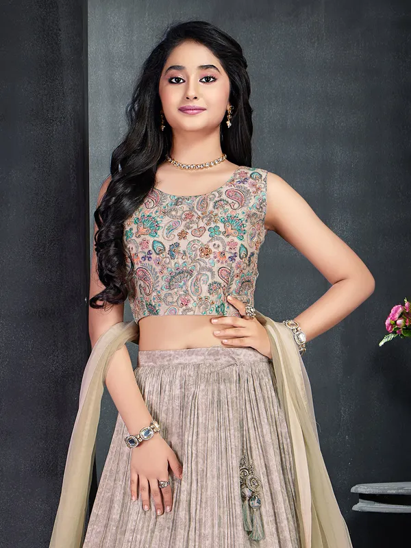 Stylish printed cream silk lehenga choli