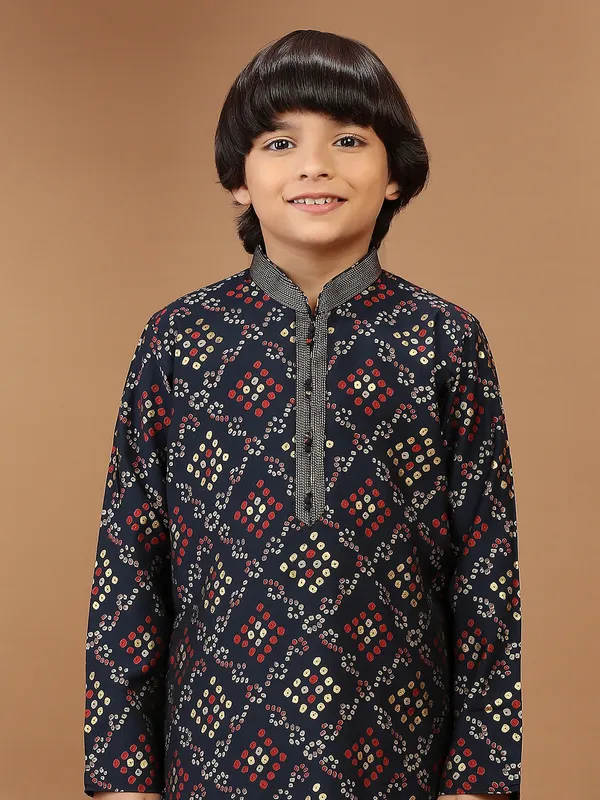 Stylish printed navy silk kurta suit