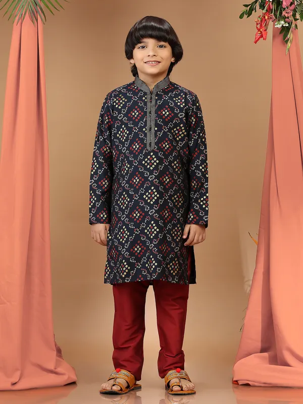 Stylish printed navy silk kurta suit