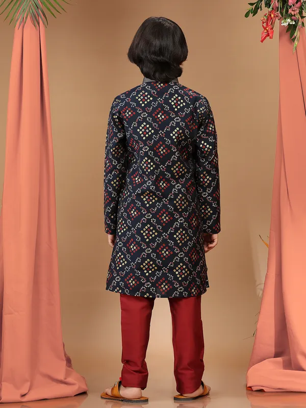 Stylish printed navy silk kurta suit