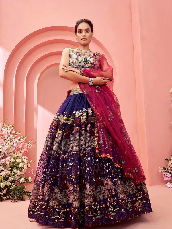 Stylish purple net embroidery lehenga choli