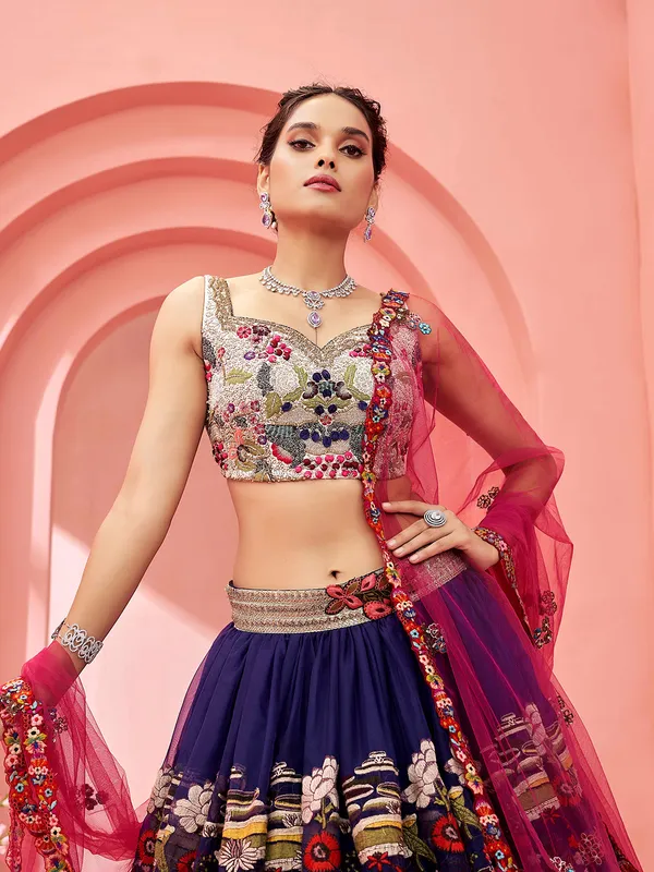 Stylish purple net embroidery lehenga choli