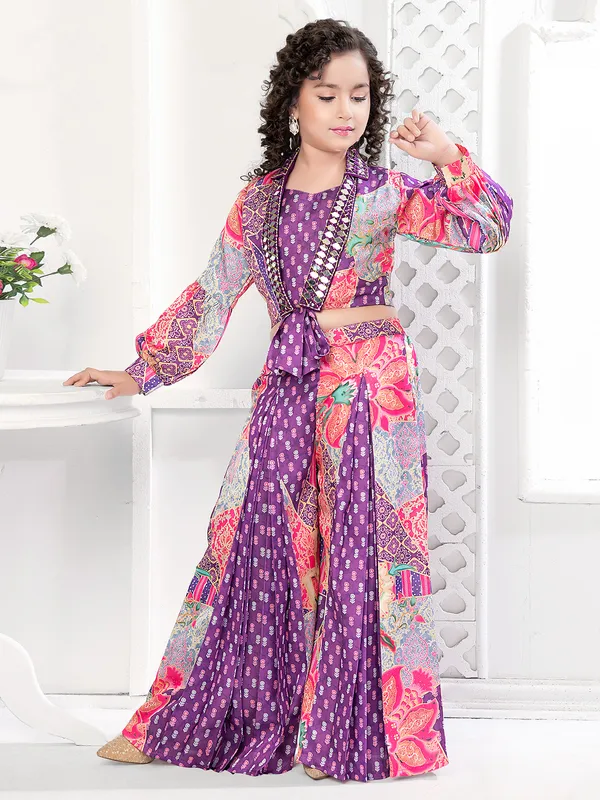 Stylish purple silk printed palazzo suit