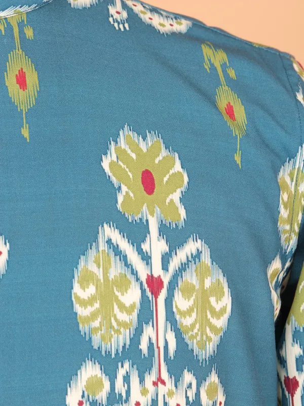 Stylish rama blue cotton kurta for men