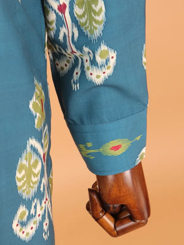 Stylish rama blue cotton kurta for men
