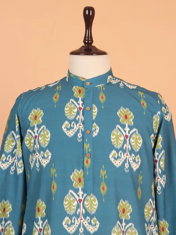 Stylish rama blue cotton kurta for men