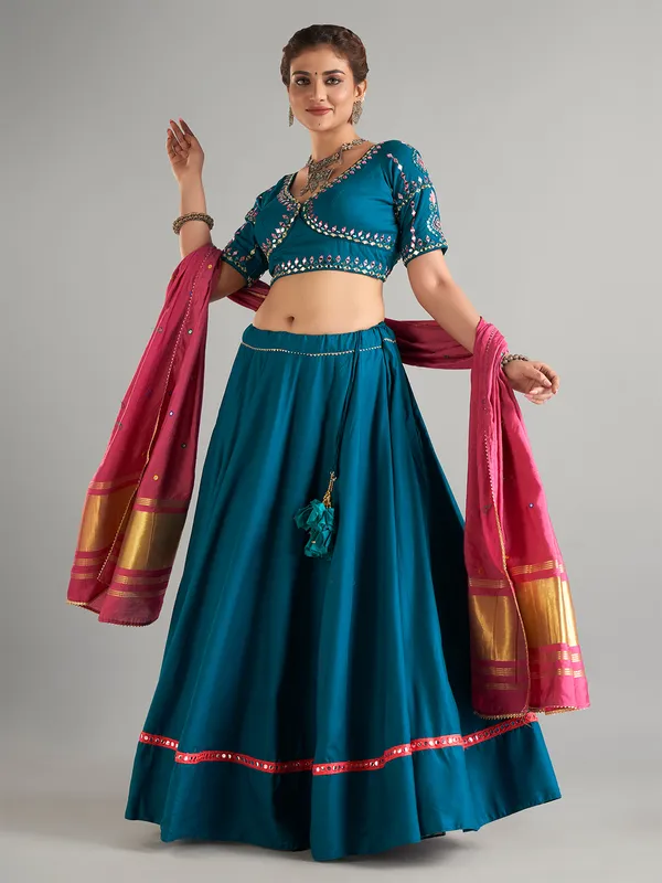 Stylish teal green cotton silk lehenga choli