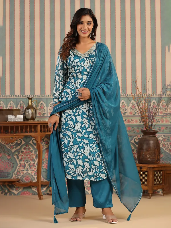Stylish rama blue georgette kurti set