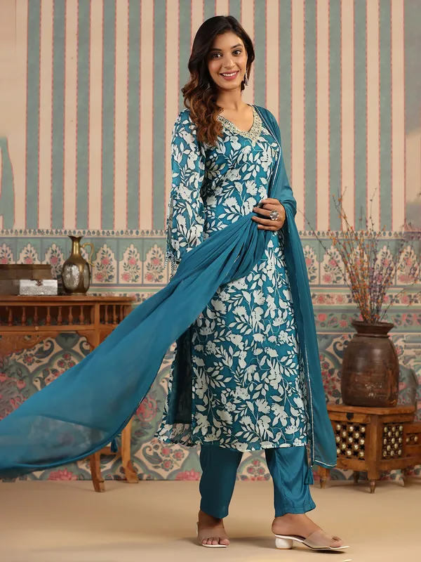Stylish rama blue georgette kurti set
