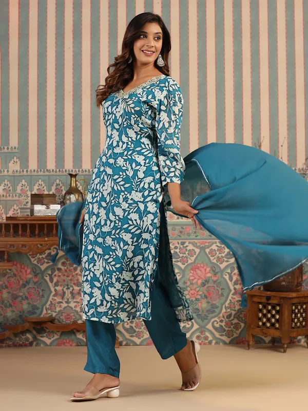 Stylish rama blue georgette kurti set