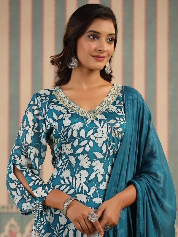 Stylish rama blue georgette kurti set