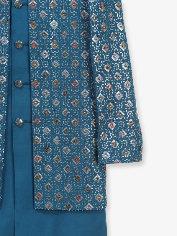 Stylish rama blue wedding indowestern in silk
