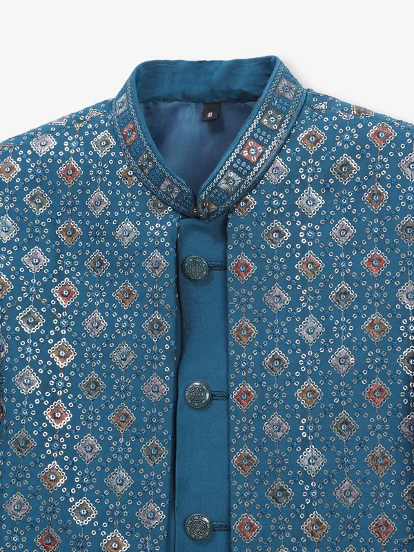 Stylish rama blue wedding indowestern in silk
