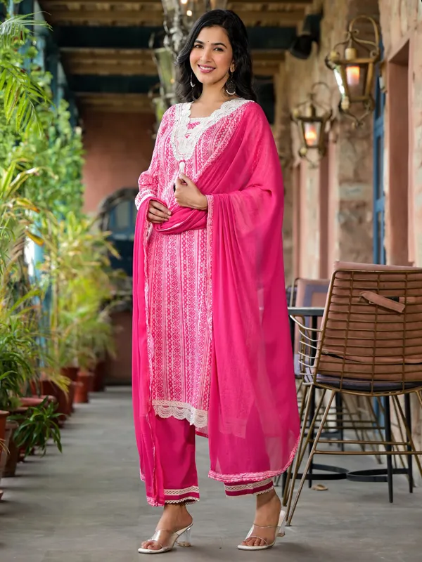 Stylish rani color kurti set with dupatta
