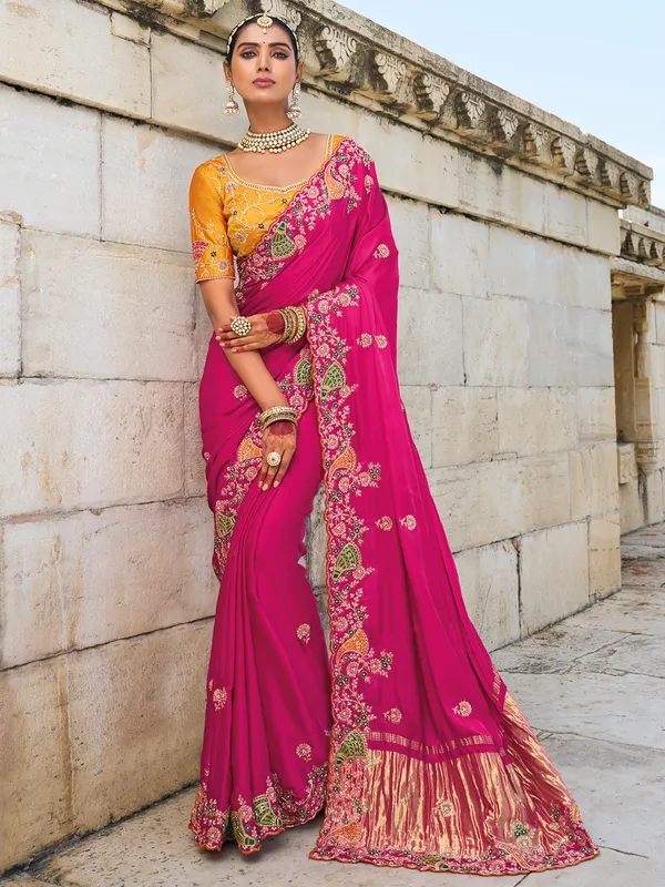 Stylish rani color saree for wedding