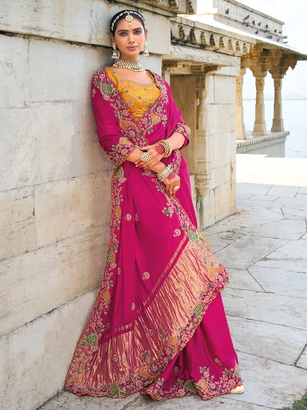 Stylish rani color saree for wedding