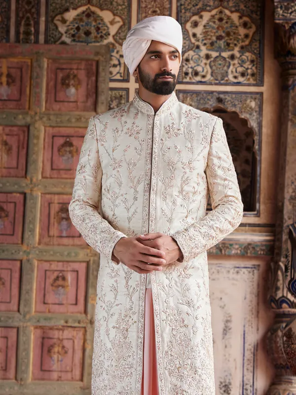 Stylish raw silk cream sherwani