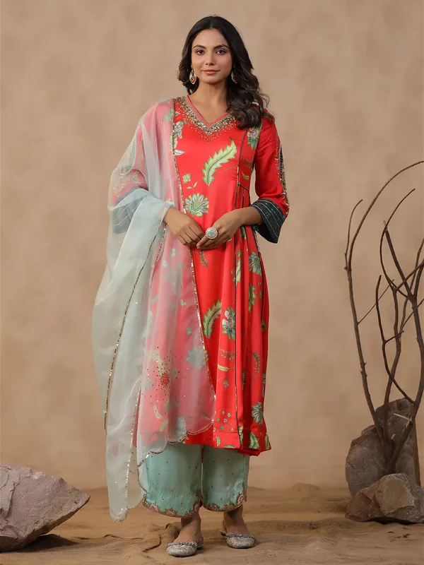 Stylish red printed kurti set