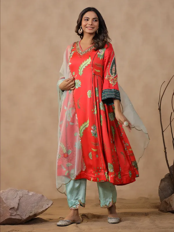 Stylish red printed kurti set