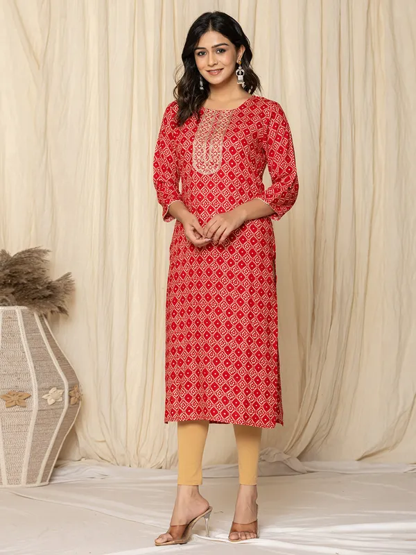 Stylish red printed kurti set in silk