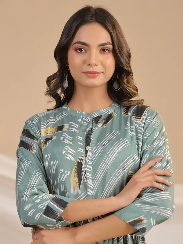 Stylish sage green cotton printed kurti