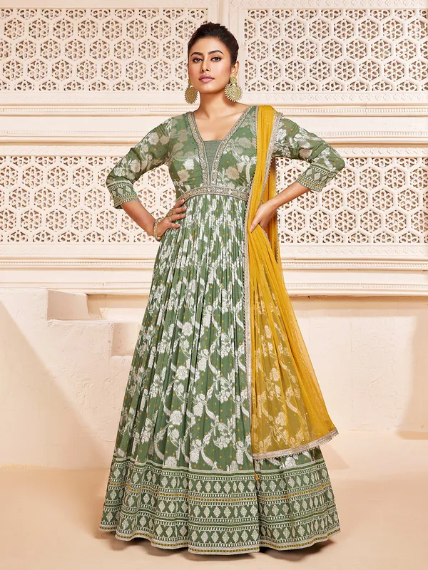 Stylish sage green georgette anarkali suit