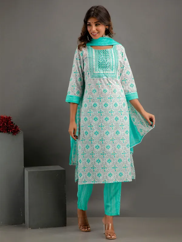 Stylish sea green cotton printed kurti set