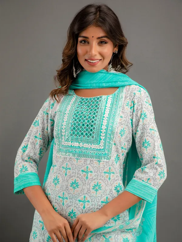 Stylish sea green cotton printed kurti set