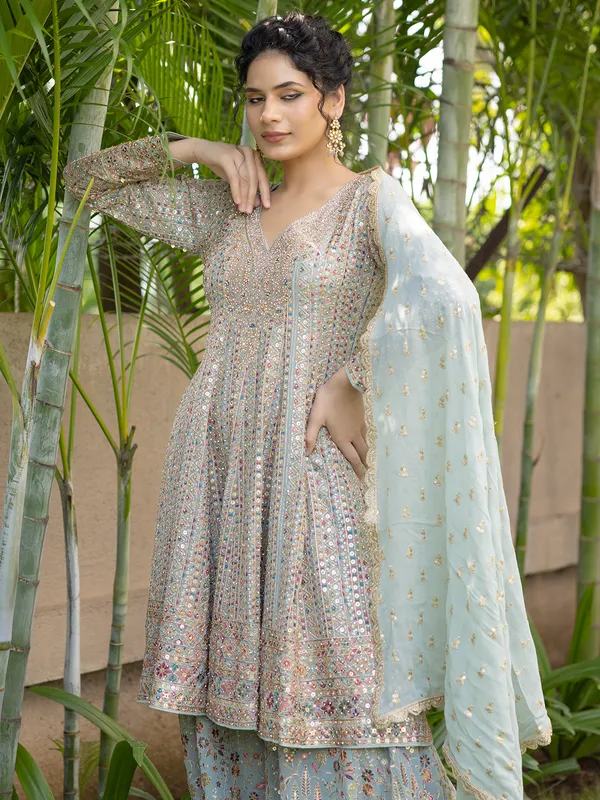 Stylish sea green georgette palazzo suit