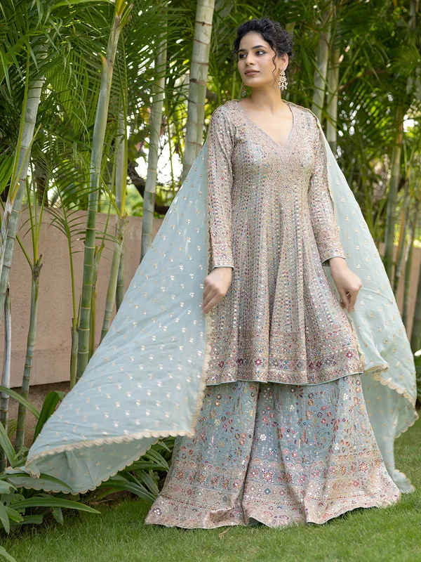 Stylish sea green georgette palazzo suit