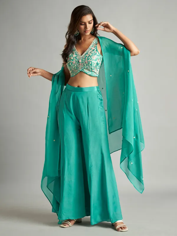 Stylish sea green jacket style palazzo suit