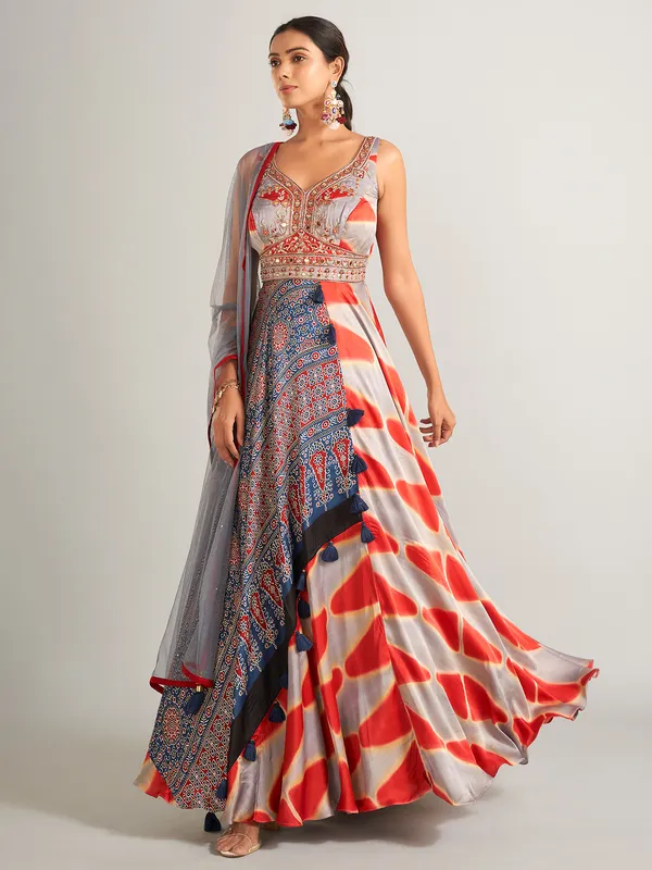 Stylish silk grey and red anarkali salwar suit