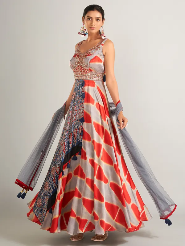 Stylish silk grey and red anarkali salwar suit