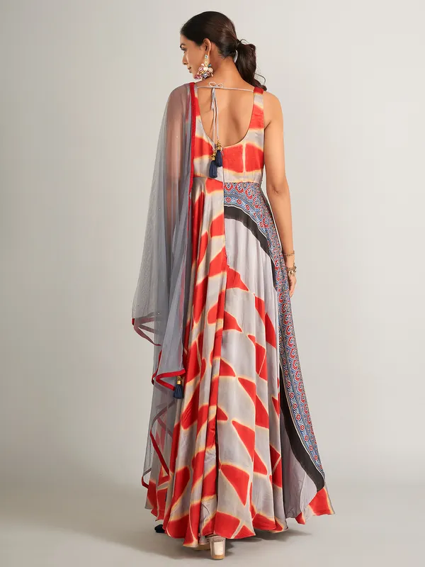 Stylish silk grey and red anarkali salwar suit
